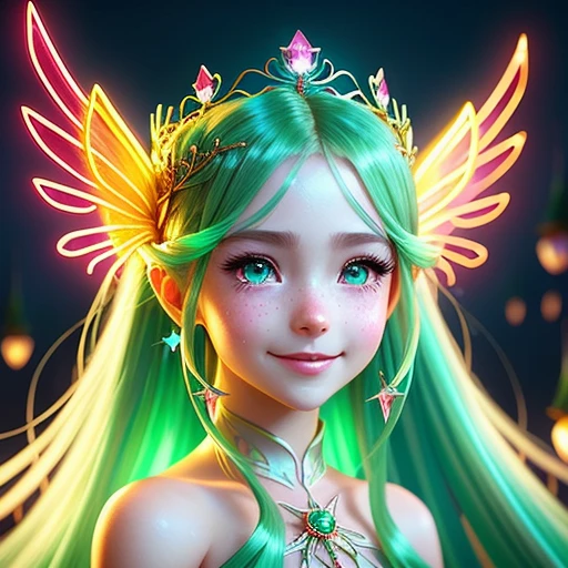 Gorgeous fairy girl wearing crown with long neon hair, two wings and a villain's smile, cute red cheeks, unreal engine, highly detailed, artgerm digital illustration, studio ghibli, deviantart, sharp focus, artstation, by Alexei Vinogradov bakery, sparkles, gorgeous, emerald eyes, sparkled, 8 k
