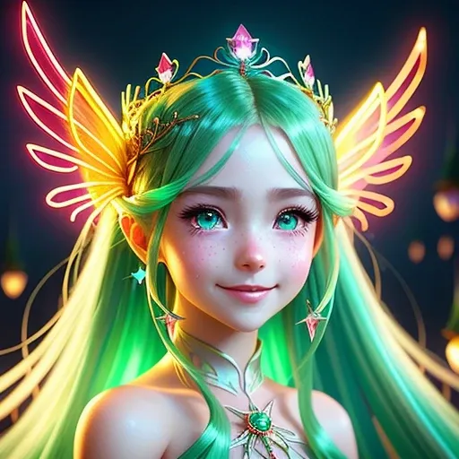 Gorgeous fairy girl wearing crown with long neon hair, two wings and a villain's smile, cute red cheeks, unreal engine, highly detailed, artgerm digital illustration, studio ghibli, deviantart, sharp focus, artstation, by Alexei Vinogradov bakery, sparkles, gorgeous, emerald eyes,  sparkled, 8 k