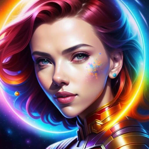 ultra realistic photo of scarlett johansson cosmic energy, colorful, painting burst, nonchalant kind look, realistic round eyes, tone mapped, digital painting, artstation, concept art, smooth, sharp focus, illustration, dreamy magical atmosphere, art by artgerm, 8k