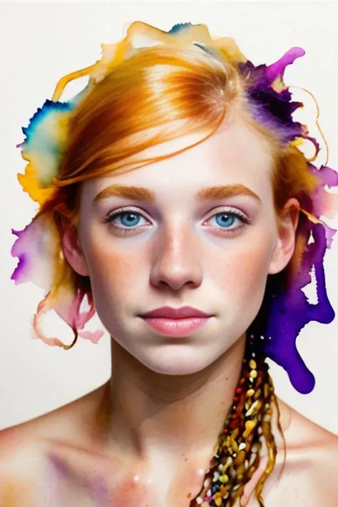 ((white background)) nude Portrait, watercolor painting, 18 year old girl, strawberry-blonde hair, freckles, ((bright violet eyes)), Style-Paint-1900