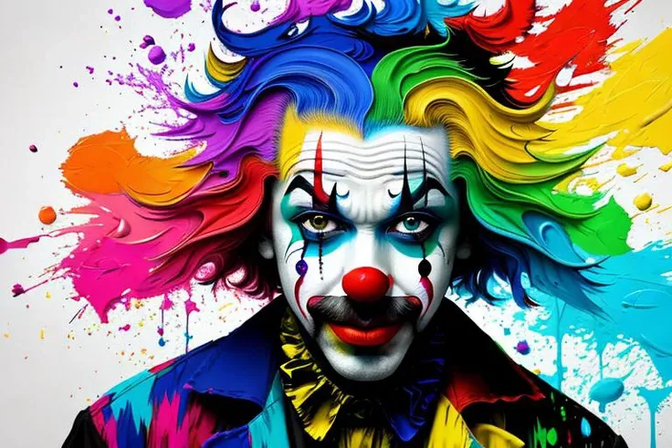 abstract clown painting, absurd, paint splatter, paint splash, paint dripping, broad brush strokes, palette knife, rcnz_style_v3, 8k, best quality, masterpiece, best quality, ultra highres
