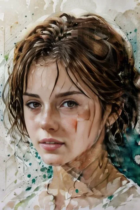 (paint splash, paint drips, paint splatter), blue paint, watercolor, broad brush strokes, palette knife, non-nude portrait painting of a woman, shiny eyes, detailed eyes, ((bright green eyes)), (light freckles), dark red hair, hidden hands withLora(emmaWatsonLora_v1,0.5), , withLora(Colorwater_v4,0.75) withLora(kariSweets_v1,0.75)