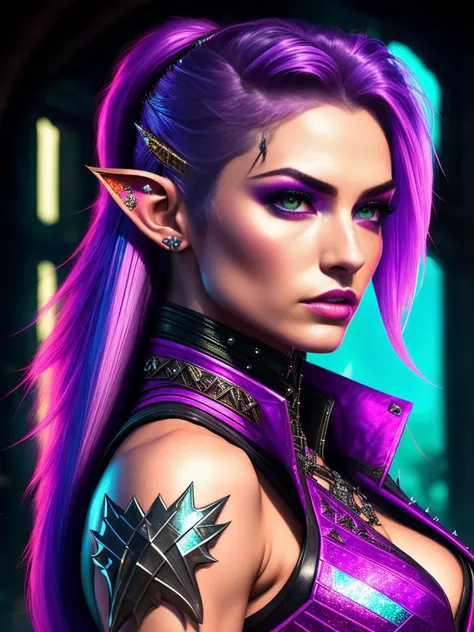 swpunk, synthwave, modelshoot style, award winning digital art of an elven ranger woman, elf ears, detailed eyes, waist up, fully clothed, in a fantasy village, d&d, masterpiece, best quality, high contrast, soft lighting, backlighting, bloom, light sparkles, chromatic aberration, smooth, sharp focus