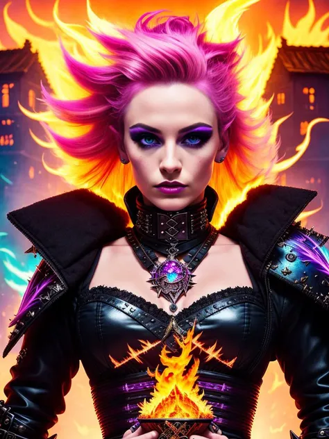 swpunk, synthwave, modelshoot style, waist up, award winning digital art of a beautiful sorceress conjuring fire, fully clothed, in a burning and destroyed fantasy village, detailed eyes, magical, d&d, masterpiece, best quality, high contrast, soft lighting, backlighting, bloom, light sparkles, chromatic aberration, smooth, sharp focus