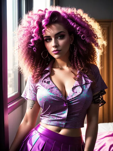swpunk, synthwave, woman with curly hair, wearing a skirt and blouse, detailed seductive alluring eyes, in a modern bedroom, masterpiece, detailed, elegant, best quality, diffused broad light, backlighting, bloom, light sparkles, chromatic aberration, smooth, sharp focus