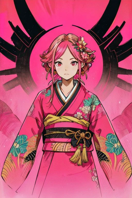 pink background, vibrant bscolor harmony, pain, popular on artstation, eerie|easygoing, layered, red sky, golden ratio, f1.8, super resolution, puffy eyes, three quarter view, face front, looking at another, pink kimono, insanely detailed & intricate, maximalist