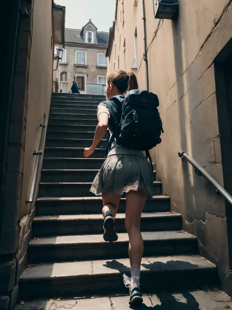 ((masterpiece)), ((best quality)), ((high detail)), ((realistic,)), ((european girl, back to camera,  running on stairs, small backpack,  lvcrftn, ( Lace skirt),  in front of)) a ghostly apparition appearing in the window disconcerting dark streets at night,  <lora:lvcrftn:1>