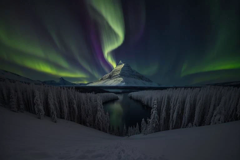 Capture the mesmerizing beauty of the Eldrich God on the Northern Pole under the enchanting glow of the Northern Lights. (Snow-covered landscape:1.2), (vibrant colors:1.3), (majestic mountains:1.1), (crisp air:1.2), (magical atmosphere:1.1). 4k, realistic, clear picture (4k:1.3).