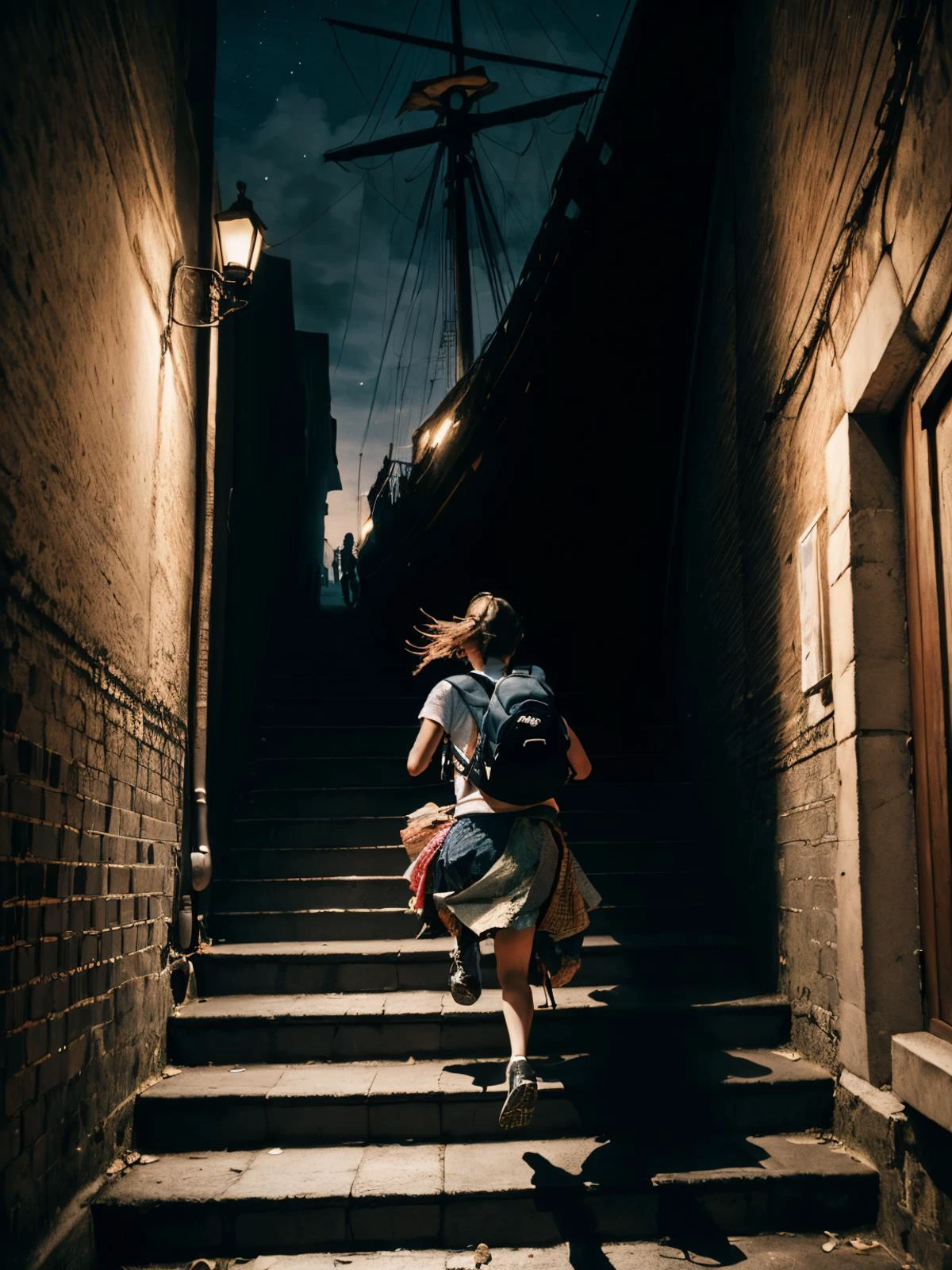 ((masterpiece)), ((best quality)), ((high detail)), ((realistic,)), ((european girl, back to camera, running on stairs, small backpack, lvcrftn, ( Patchwork skirt), in front of)) a ghost ship sailing in the night dire dark streets at night, <lora:lvcrftn:1>