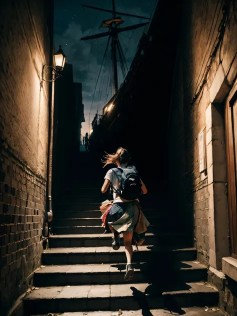 ((masterpiece)), ((best quality)), ((high detail)), ((realistic,)), ((european girl, back to camera,  running on stairs, small backpack,  lvcrftn, ( Patchwork skirt),  in front of)) a ghost ship sailing in the night dire dark streets at night,  <lora:lvcrftn:1>