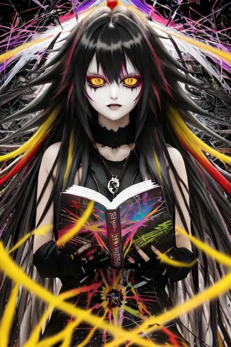 long_hair, multicolored_hair, bandaid, ultra details, shattered glass, ryuk deathnote, multi-color eyes, abstract expressionism art, by kiyosan, pale gothic evil queen, oozing thick yellow blood, l from death note, light yagami, lensflare, rtx, classical art, photographic reality