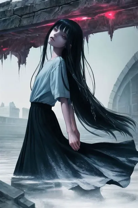 scary and evil, depth of field, long hair, dress, makeup, skirt, looking at viewer, raw photo, professional lighting, ancient fallen kingdom, drowned city, ultra high res, girl, shirt, sky, water, building, realistic, film grain