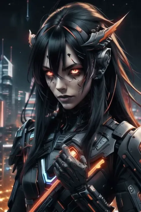 long_hair, black_hair, red_background, night_sky, starry_sky, blunt_bangs, door, garden, skyscraper, town, people, dulux, suspense, succubus, caustic, red rain, wide landscape, sharp teeth, blood particles, very dark