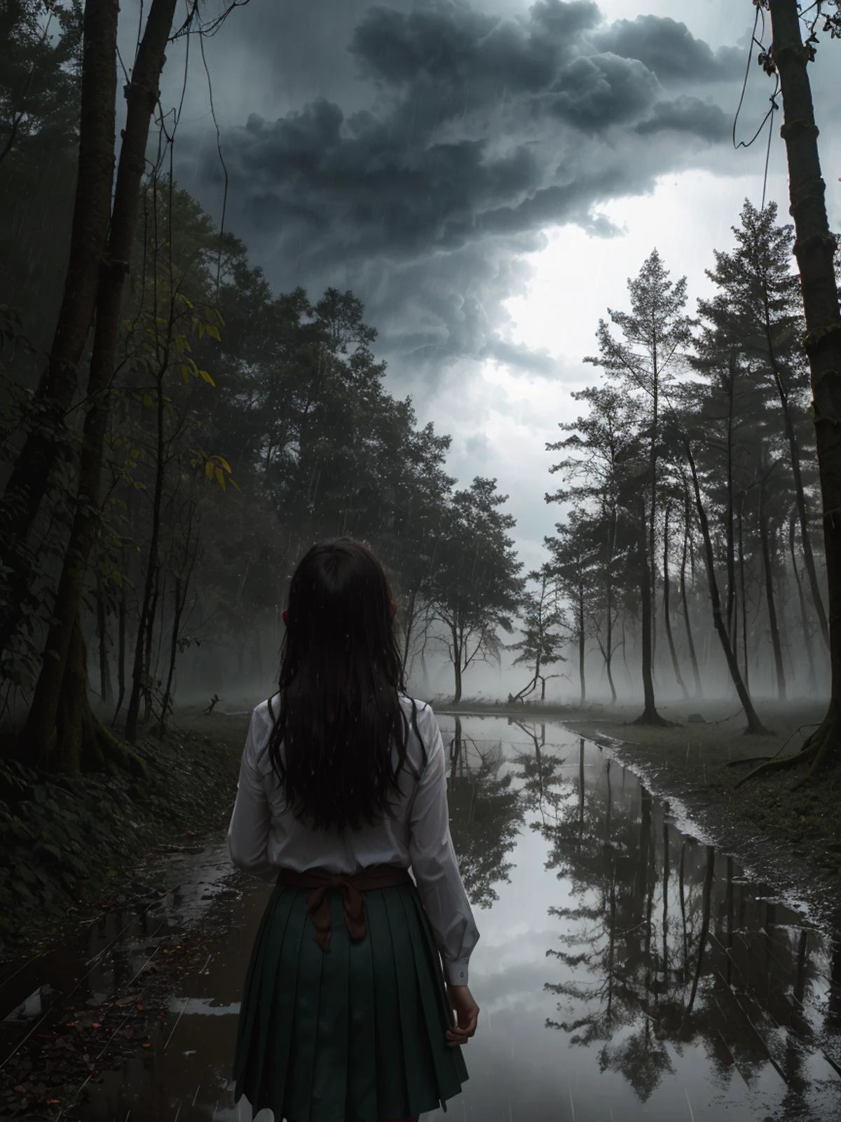 ((frightening Midnight, lost in the forest)), RAW photo, head to hip of ((assamese Bronze hair, in panic, running, school uniform, satchel)), view from behind, back view, running into ((rotten, broken, dilapidated, lvcrftn church)) ((at night)), (deep in the woods, dense forest, old scarry trees), spine-chilling reflections, ((heavy rain, storm)), flash, wet, muddy, troubling photography, analog photography, (high detailed skin:1.2), 8k uhd, dslr, high quality, film grain <lora:lvcrftn:1>