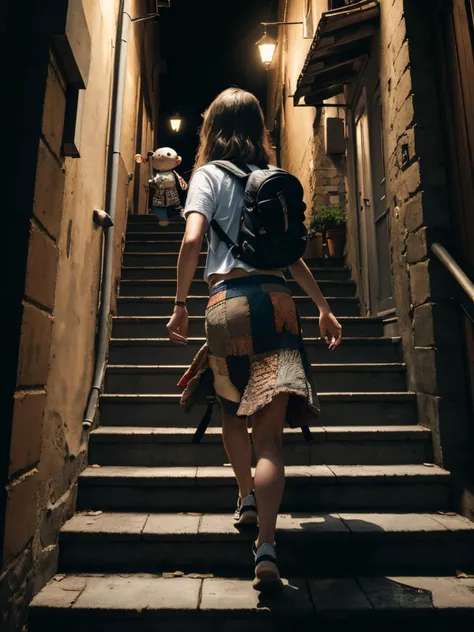 ((masterpiece)), ((best quality)), ((high detail)), ((realistic,)), ((european girl, back to camera, running on stairs, small backpack, lvcrftn, ( Patchwork skirt), in front of)) a haunted doll terrorizing a family perturbing dark streets at night, <lora:lvcrftn:1>