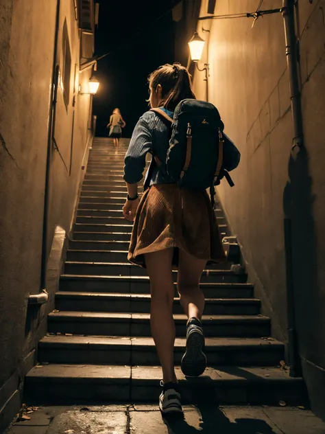((masterpiece)), ((best quality)), ((high detail)), ((realistic,)), ((european girl, back to camera, running on stairs, small backpack, lvcrftn, ( Corduroy skirt), in front of)) a ghostly apparition appearing in photos troubling dark streets at night, <lora:lvcrftn:1>