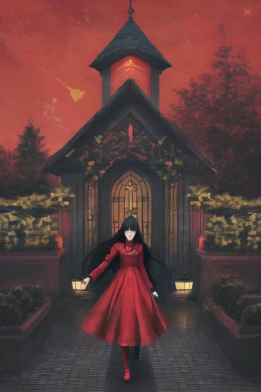 long_hair, black_hair, red_background, night_sky, starry_sky, blunt_bangs, door, garden, skyscraper, town, people, dulux, suspense, succubus, caustic, red rain, wide landscape