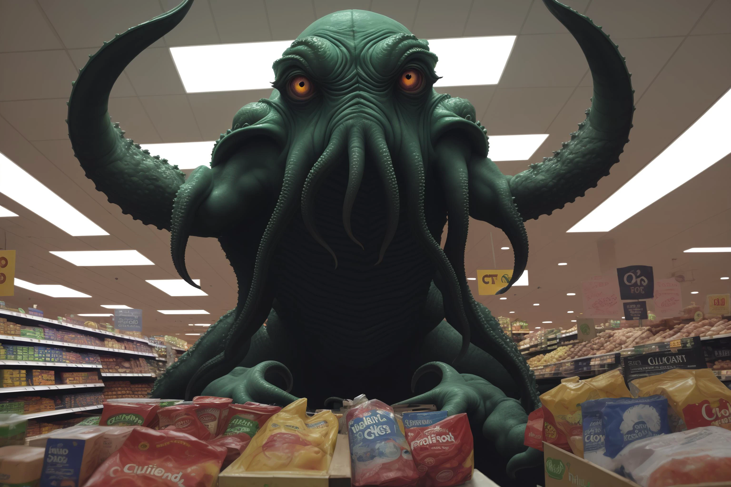 <lora:lvcrftn-000004:1> lvcrftn AND giant cthulhu in the supermarket, glowing eyes, overhead lighting AND <lora:LowRa:0.75>
