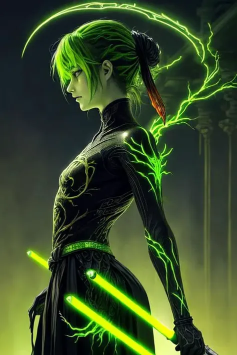 sharp neon, green veins everywhere, beksinski style, inverted cross, venom suit, connecting, realistic reflections, veins growing and pumping blood, eye blood, l from death note, sideview, spine halo, yellow plantes, rainbow veins everywhere, gothic art, peeled flesh, deep contrast, focus on the eyes, lightsaber, annoyed, blade runner, real face, detailed clothes features, detailed clothing, dusk, ocean, east asian architecture, sideboob, ganyu \genshin impact\