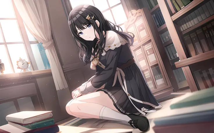 masterpiece, 1girl, solo, Kazano Hiori, purple_eyes, black_hair, bangs, black_dress, blunt_bangs, blush, crescent_hair_ornament, hair_ornament, long_hair, long_sleeves, medium_breasts, patchouli_knowledge, ribbon, sitting in the library, books, <lora:theIdolmSTERShinyColors_v21:1.0>