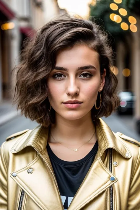 RAW photo, a beautiful 25 year old Italian woman with short hair wearing a jacket by Hls442 <lora:Hls442-000002:1>, (high detailed skin:1.2), 8k uhd, dslr, golden hour lighting, high quality, film grain, Fujifilm XT3