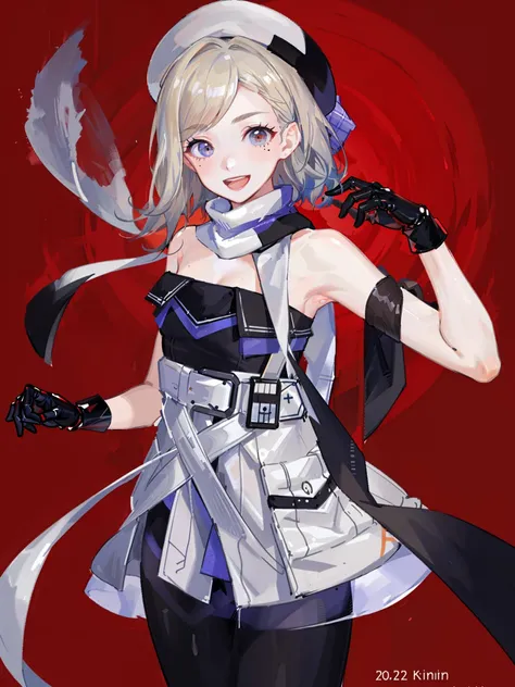 jean bart \(kancolle\), 1girl, solo, gloves, hat, black gloves, strapless, strapless dress, dress, beret, mole under eye, mole, multicolored scarf, simple background, scarf, white background, bare shoulders, open mouth, smile, cropped legs, white headwear, belt, looking at viewer, mole under mouth, multicolored clothes, pantyhose, cowboy shot, twitter username, bangs, breasts, dated, multicolored gloves, original, intricate detail, illustration, masterpiece, extremely detailed CG unity 8k wallpaper, highlight, sharpening, dynamic, <lora:JeanBart:0.5>