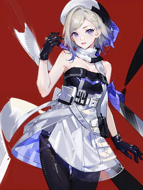 jean bart \(kancolle\), 1girl, solo, gloves, hat, dress, beret, multicolored clothes, mole under eye, strapless dress, strapless, black gloves, mole, scarf, multicolored scarf, white headwear, multicolored gloves, white dress, blue background, breasts, two-tone dress, bare shoulders, gradient, looking at viewer, belt, gradient background, mole under mouth, pantyhose, cosplay, multicolored dress, cowboy shot, simple background, two-tone gloves, original, intricate detail, illustration, masterpiece, extremely detailed CG unity 8k wallpaper, highlight, sharpening, dynamic, <lora:JeanBart:0.5>