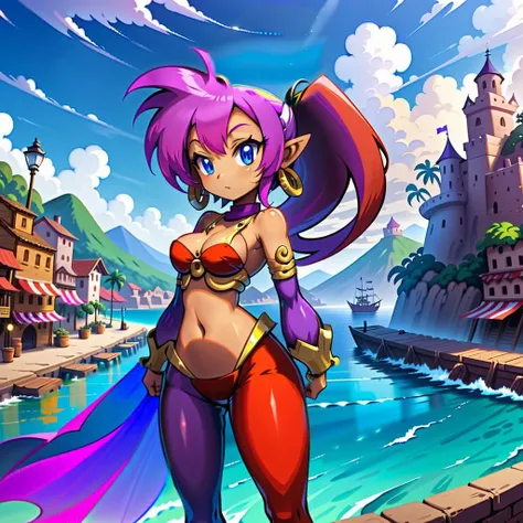 a cartoon character is standing in front of a body of water and a castle with a clock tower in the background, Altoon Sultan, official art, concept art, sots art