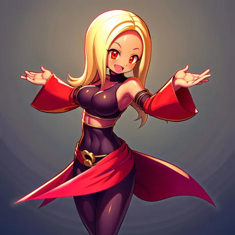 8k, masterpiece, hires, absurdres, splash art <lora:kou10-000010:0.8> <lora:katv5:0.8> female, kat, alternative_costume, blonde, red eyes, dark skin, (chibi:0.8)