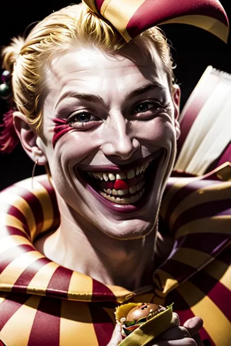 solo focus, 1boy, Kefka, clown, laughing at a wonderful, looking at a hamburger <lora:character_Kefka-000010:0.8>