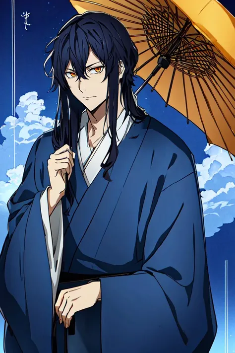 <lora:Bungo_Stray_Dogs_anime_style:1>, 1boy, long hair, dark blue hair, orange eyes, looking at viewer