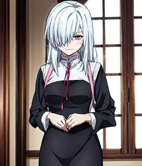 <lora:Bungo_Stray_Dogs_anime_style:1>, 1girl, solo, female focus, hair over right eye, white hair, pink eyes, shy, long hair, hair over one eye,  <lora:mekakure_right_v100:0.75>