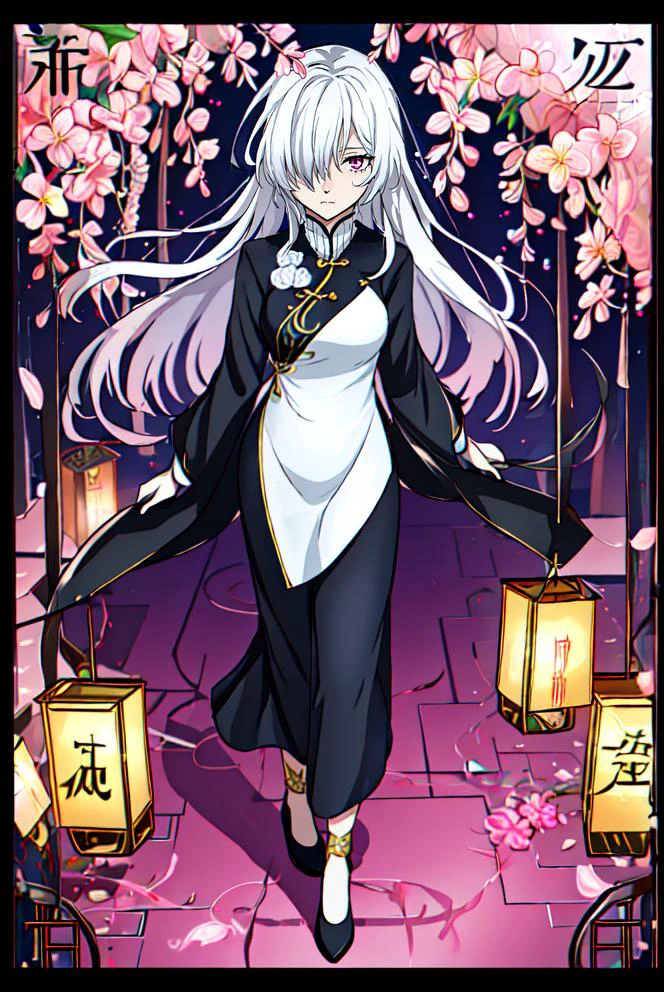 <lora:Bungo_Stray_Dogs_anime_style:1>, 1girl, solo, female focus, hair over right eye, white hair, pink eyes, shy, long hair, hair over one eye, <lora:mekakure_right_v100:0.65>
