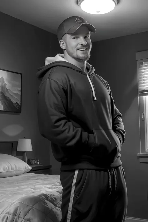 32K, Masterpiece, cinematic lighting, ((monochrome)), perfect shading, art station enhanced, visually arresting photograph of <lora:BluKennedy:1> BluKennedy, short hair, smile, teeth, beard, mature male, muscular male, sweatpants, sweatshirt with hood, standing, porn set background, hands in pockets, close up, bed, window, ceiling light, painting, (((SFW))), hat, looking back