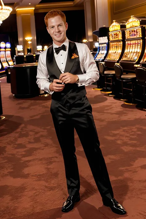 (best quality,4k,8k,highres,masterpiece:1.2),ultra-detailed,(realistic,photorealistic,photo-realistic:1.37),inside,luxurious,casino,in Las Vegas,elegant,rich,man,gambling,at the roulette table,high stakes,lucky,winning,excitement,atmosphere of anticipation,glamorous,spectacular,lights flashing,themed decorations,crowded,people,drinks clinking,smooth movements of the roulette wheel and ball,elegant croupier,suave demeanor,intense focus,money chips,piles of cash,zoomed-in view of the roulette wheel,clearly visible numbers and colors,rich red carpet,a chandelier hanging from the ceiling,exquisite decor,expensive designer suits,impressive watches,well-groomed hair,confident smile,cigar smoke lingering in the air,mirrors reflecting the vibrant and dynamic surroundings,the sound of laughter and chatter,music playing in the background,Frank Sinatra's smooth voice drifting through the room,neon lights illuminating the space,creating a mesmerizing ambiance,sparkling champagne glasses,celebration,formal dress code,beautifully dressed women,admiring glances,distinguished guests,enjoying the thrill of the game,experience of luxury and indulgence,scenes of wealth and opulence,one lucky bet that can change everything,colorful and vibrant atmosphere.