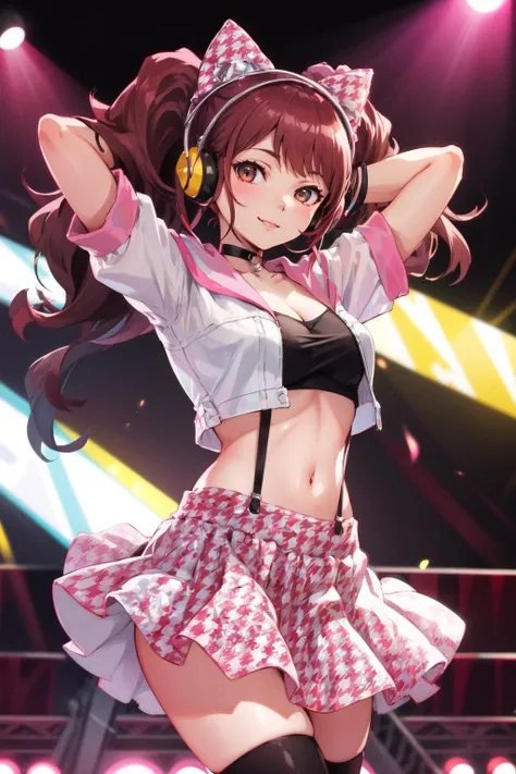 masterpiece, best quality, highres,
stage, dark, concert, cowboy shot, smile,
1girl, solo, looking at viewer, arms above head,
<lora:kujikawa-rise:0.9>,kujikawarise, long hair, medium breasts, twintails, bangs,
skirt, black thighhighs, gloves, navel, bow, cleavage, short sleeves, hair bow, choker, midriff, miniskirt, crop top, white top, headphones, suspenders, pink skirt, houndstooth, pink footwear, zettai ryouiki,