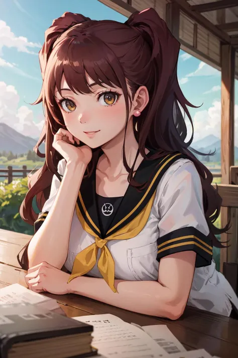masterpiece, best quality, highres,
rural japan, japanese architecture in the background, smile,
1girl, solo, looking at viewer, breast rest,
<lora:kujikawa-rise:0.9>,kujikawarise, long hair, medium breasts, twintails, bangs,
skirt, collarbone, school uniform, white shirt, shirt, short sleeves, pleated skirt, serafuku, black skirt, sailor collar, neckerchief, black sailor collar, yellow neckerchief, yasogami school uniform, earrings,