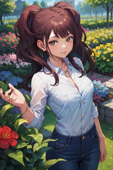masterpiece, best quality, highres,
garden, flowers, smile,
1girl, solo, looking at viewer,
<lora:kujikawa-rise:0.9>,kujikawarise, long hair, medium breasts, twintails, bangs, jewelry, earrings, blue jeans, cyan button up shirt