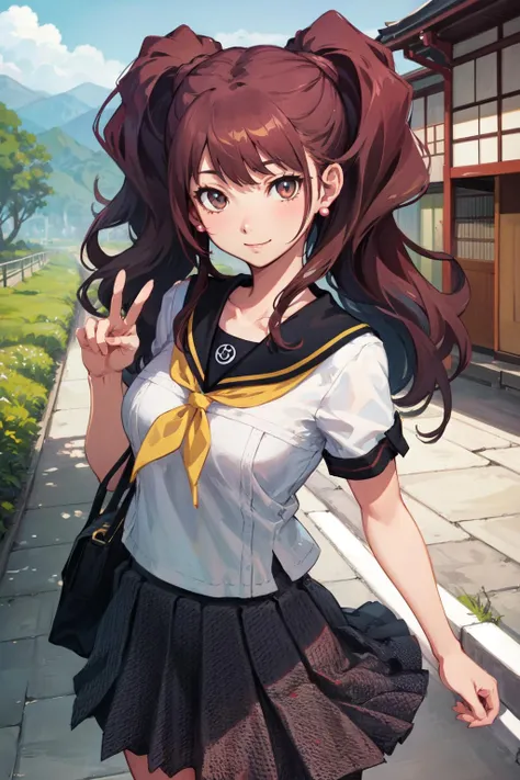 masterpiece, best quality, highres,
rural japan, japanese architecture in the background, cowboy shot, smile,
1girl, solo, looking at viewer, peace, v,
<lora:kujikawa-rise:0.9>,kujikawarise, long hair, medium breasts, twintails, bangs,
skirt, collarbone, school uniform, white shirt, shirt, short sleeves, pleated skirt, serafuku, black skirt, sailor collar, neckerchief, black sailor collar, yellow neckerchief, yasogami school uniform, earrings,