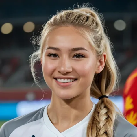 (Very close shot, zoomed in close-up face portrait:1.5) photo of a smiling curious athletic young 27 year old (Kyrgyzstan:1.3) woman with long wavy ponytail blonde hair, grey eyes. She is looking down. Modern style, inside a sports stadium , crowds of people in the background, evening. detailed skin texture, detailed cloth texture, detailed face, (intricate sharp details:1.5), ultra high res