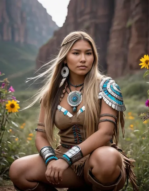 (close shot, zoomed in face portrait:1.3) (native american myth style:1.5) photo of a smirking, (closed mouth:1.5) shy petite young 29 year old (Navajo:1.3) woman with long flowing natural blonde hair, dark grey eyes, (giant breasts:1.3), muscular ass, (perfect hands:1.3). She is wearing (druid armor and boots:1.1). She is squatting facing towards camera, in a (dark fantasy:1.3) trail with cliffs and flowers, noon, clear. detailed skin texture, detailed cloth texture, detailed face, (intricate sharp details:1.5), ultra high res