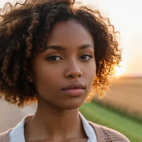 (Very close shot, zoomed in close-up face portrait:1.5) photo of a pondering, (closed mouth:1.5) romantic petite young 29 year old (Nigerian:1.3) woman with short curly natural brunette hair, brown eyes. She is turned towards camera. Modern style, at a country road visible through window, sunset, overcast. detailed skin texture, detailed cloth texture, detailed face, (intricate sharp details:1.5), ultra high res