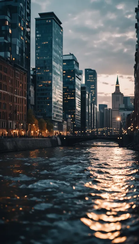 cinematic photo of a city by the river, 35mm photograph, film, bokeh, professional, 4k, highly detailed