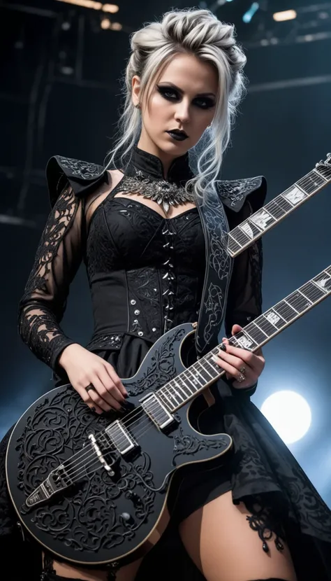 swedish metal rock girl holding a guitar, intense stare into camera, with gothic make-up, intricate details, highly detailed eyes, fancy hair and dark gothic dress, flash photo, on stage, intricate details
