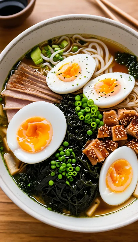 bowl of steaming hot ramen noodles, with a variety of toppings including sliced pork, boiled egg, green onions, and a sheet of nori (dried seaweed). The broth looks rich and flavorful, likely made from a combination of chicken, pork, and dashi.