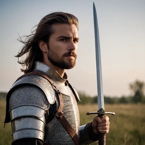 cinematic film still 25 year old knight, medium length hair, dirt on face, looking towards side, determined expression, wind blowing through hair, beard, holding long sword in hand, meadow background, medium-full shot . shallow depth of field, vignette, highly detailed, high budget, bokeh, cinemascope, moody, epic, gorgeous, film grain, grainy