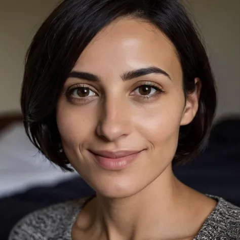 (Close-up face portrait:1.3) of a smiling young 35 year old Armenian woman with Short Natural Bobbed black hair, Hazel Narrow eyes, Narrow face, High nose, Soft jaw, Full mouth, Narrow brows, Tall chin, and (closed mouth:1.3). turned towards camera. Modern style, inside a Bedroom , Farm visible through window, Evening, overcast, detailed skin texture, detailed cloth texture, beautiful detailed face, intricate sharp details, ultra high res.