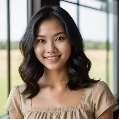 (Zoomed in upper body portrait:1.3) of a smiling young 25 year old Thai woman with medium Wavy Layered black hair, brown Large eyes, Round face, Round nose, Wide jaw, Thin mouth, Narrow brows, Strong chin, and (closed mouth:1.3). looking up. Modern style, inside a Dining room , Fields visible through window, Noon, sunshine, detailed skin texture, detailed cloth texture, beautiful detailed face, intricate sharp details, ultra high res.