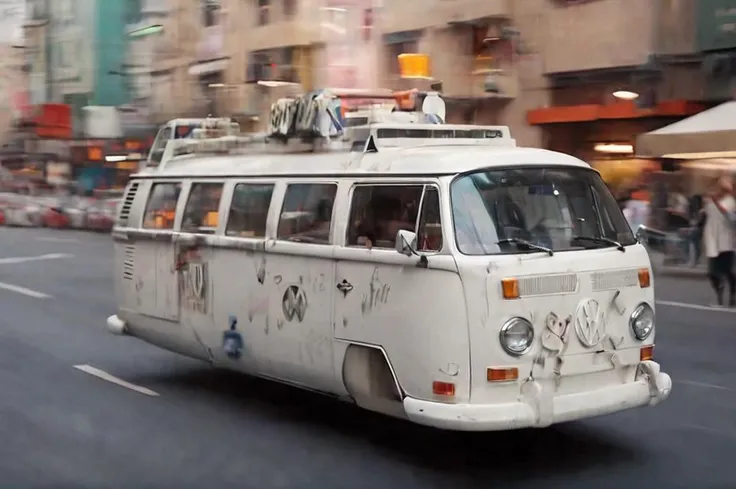 photo of white hover Volkswagen bus, Volkswagen vintage, nowheels, science fiction, scifi, futuristic, depth of field, blur movement, terrified driver, decorates futuristic city <lora:YasminBleeth_SDXL_v1_Platypus:1> paved road <lora:No.Wheels:1> <lora:more_details:1>