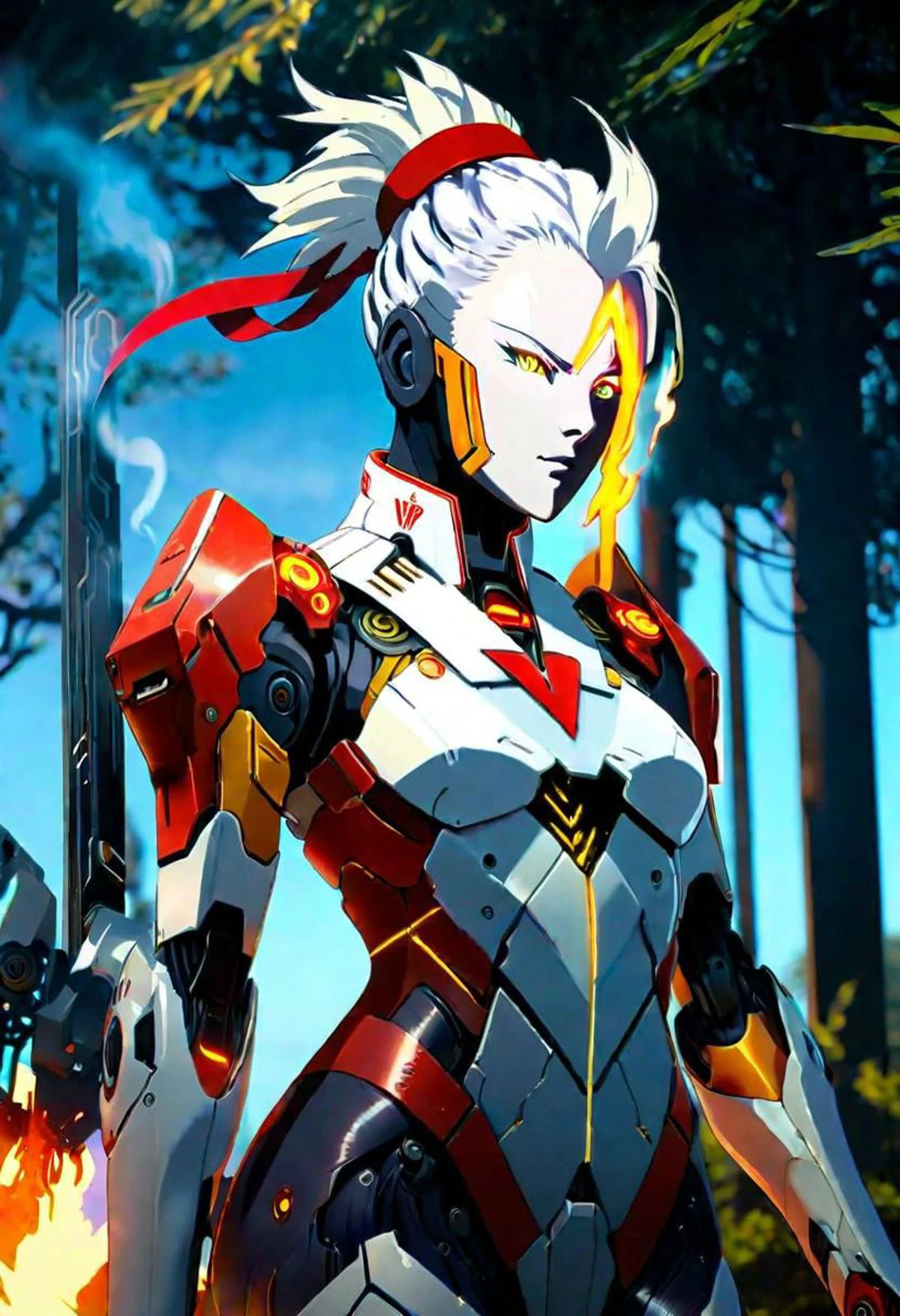 anime game, a beautiful woman with white face and white hair in a braid and red forehead ribbon, she is wearing a white futuristic darkness god radiance god mech armor burning and smoking destroyed radiance boss golden Titan Cyberpunk Venom Evangelion mech wreck with red trim, she is standing, sunlit, weak lights and shadows, tree canopy